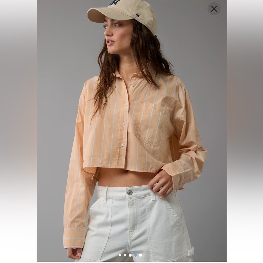 American Eagle Outfitters Light Orange Striped Cropped Button Up Shirt